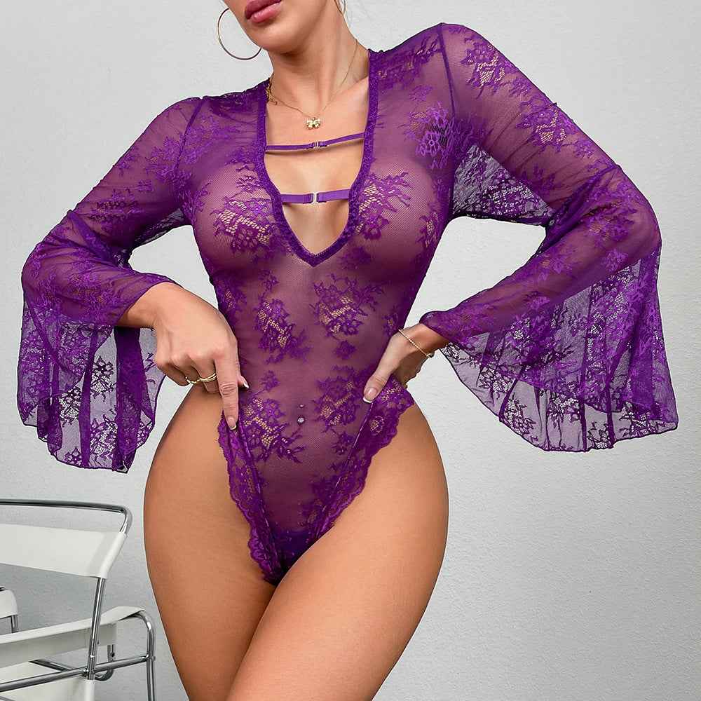 High-Cut Deep-V Bodysuit - Flare Sleeve Lace Lingerie