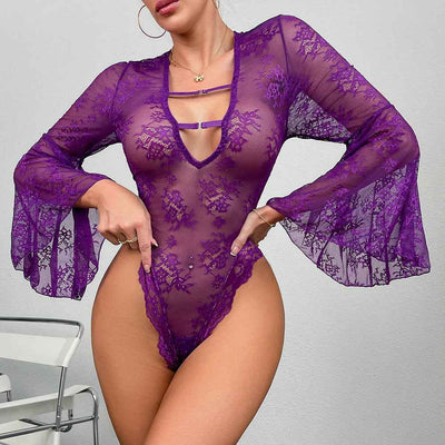 High-Cut Deep-V Bodysuit - Flare Sleeve Lace Lingerie