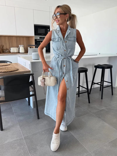 Button Front Sleeveless Denim Dress - Fashions Envy