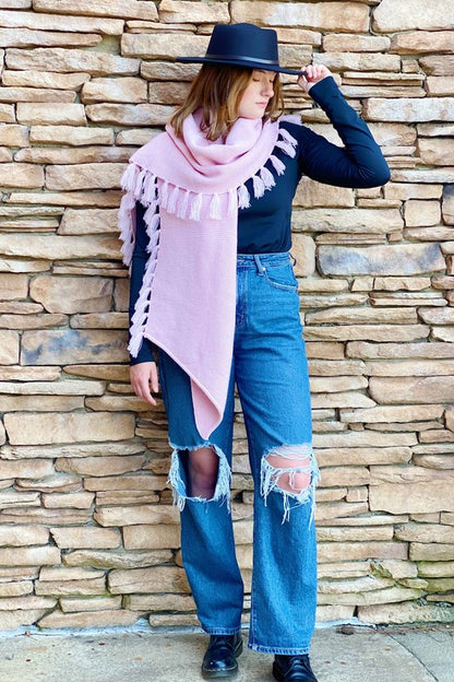 Pink Soft Feminine Fringe Blanket Cozy Scarf