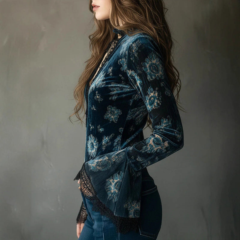 Lace Panel Blouse - Retro V-Neck Bell Sleeve Top