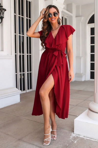 Tied Front Midi Dress - Ruffle Short Sleeve Slit Hem