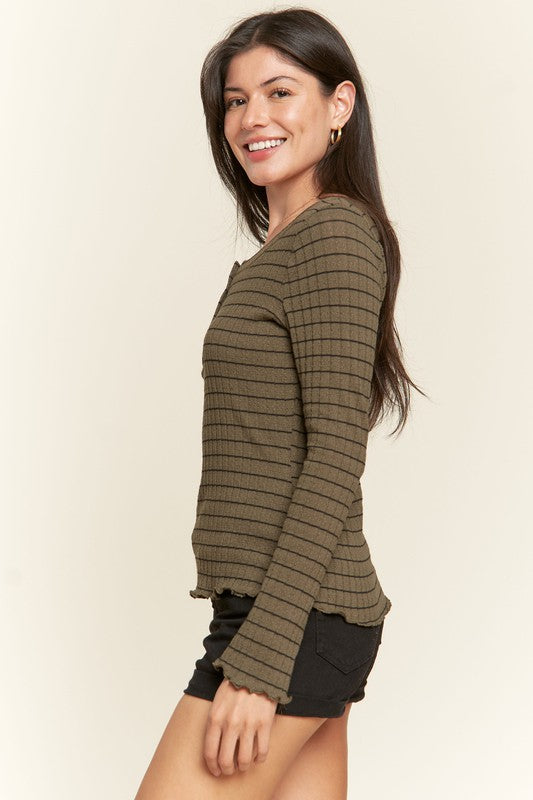 Ribbed Henley Neck Long Sleeve Basic Top