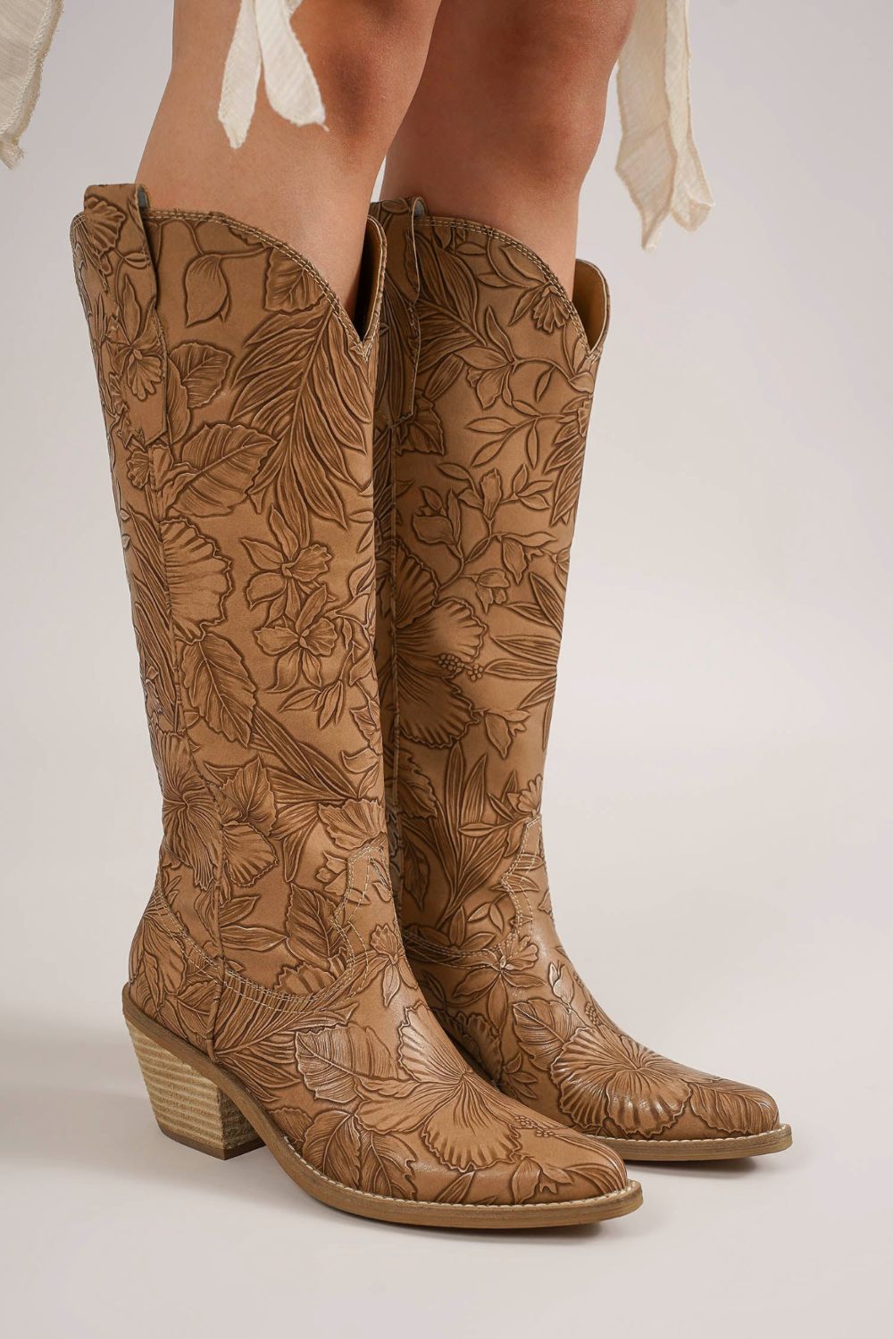 Dark Taupe Embossed Floral Point Toe Block Heel Boots