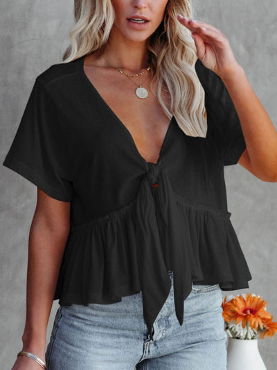 Tied Plunge V-neck Short Sleeve Blouse