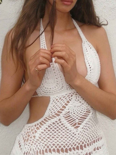 Crochet Halter Neck Knit Cover Up Dress