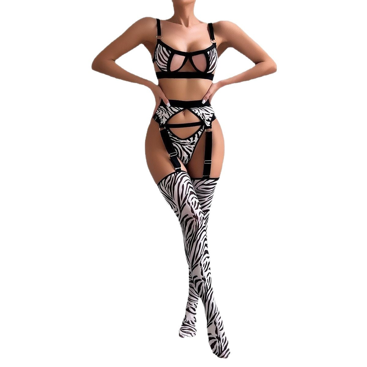 Wild Leopard Print Mesh Hollow-out Sexy Lingerie Four-piece Set with Thigh-high Socks - Fashions Envy