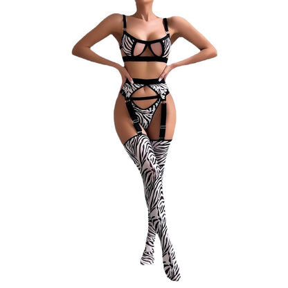 Wild Leopard Print Mesh Hollow-out Sexy Lingerie Four-piece Set with Thigh-high Socks - Fashions Envy