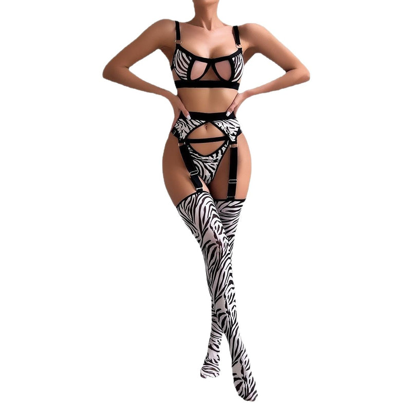 Wild Leopard Print Mesh Hollow-out Sexy Lingerie Four-piece Set with Thigh-high Socks - Fashions Envy