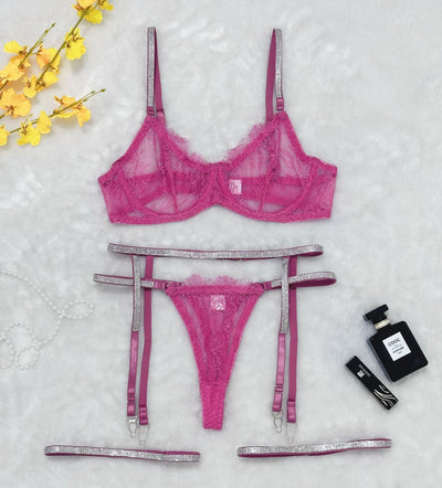 Lace Lingerie Set - 4 Piece Rhinestone Garter Belt - Fashions Envy