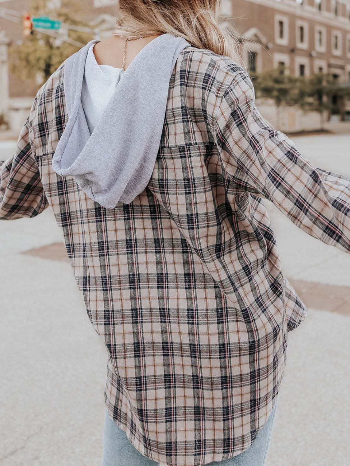 Drawstring Plaid Hooded Long Sleeve Shirt