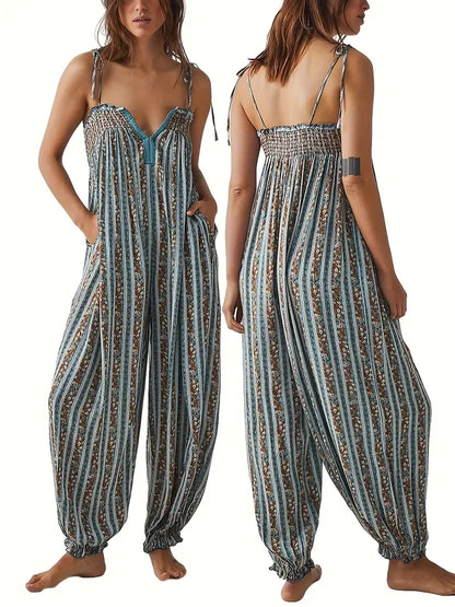Sleeveless Flowy Vibrant Striped Jumpsuit with Lace Trim