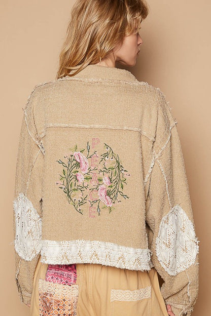 Sand Multicolor Crochet Patch Embroidered Button Up Jacket