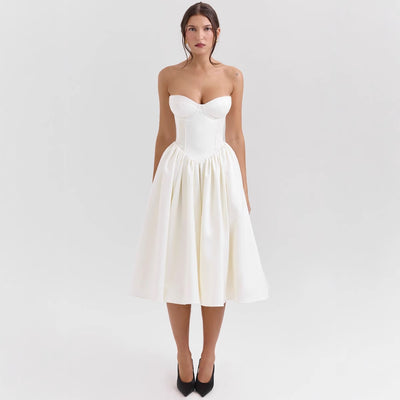 Sweetheart Midi Dress - Strapless Flared A-Line Skirt