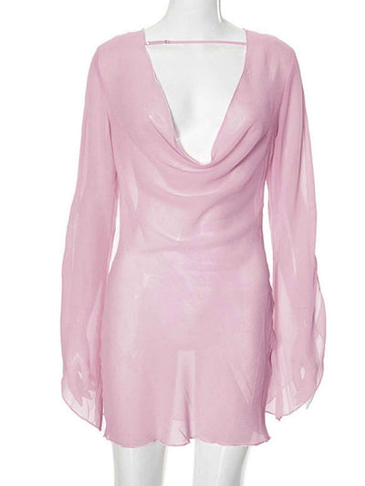 Purple Powder Sheer Mini Dress - Plunge Backless Chiffon