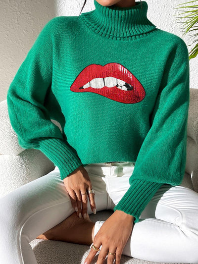 Lip Turtleneck Long Sleeve Sweater - Fashions Envy