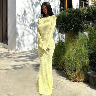 Backless Maxi Dress - Tie Detail Long Sleeve Yellow - Fashions Envy