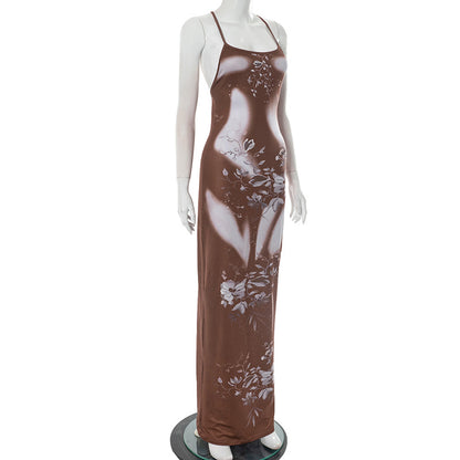 Floral Print Maxi Dress - Backless Cross Tied Style - Fashions Envy