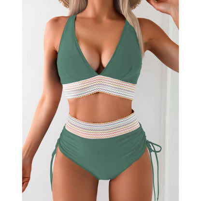 Women's High Waisted Bikini Sets - Two Piece Tummy Control Color Block Swimsuit