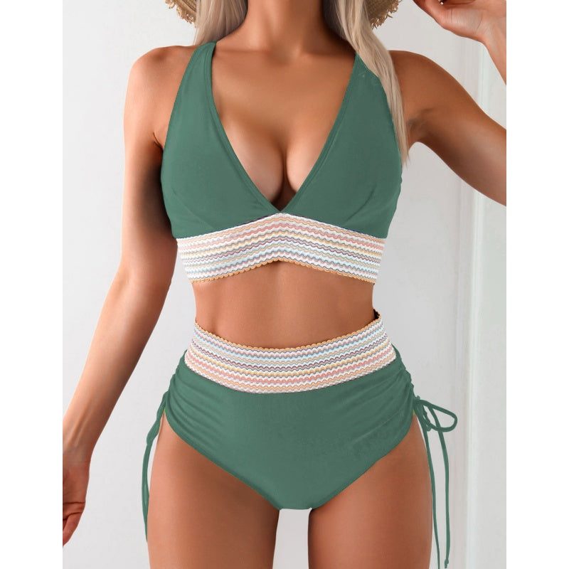 Women's High Waisted Bikini Sets - Two Piece Tummy Control Color Block Swimsuit