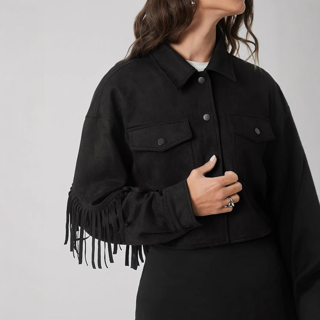 Women's Black Long Sleeve Fringe Jacket - Casual Elegant Coat