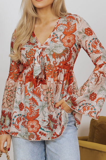 Floral V-Neck Flare Sleeve Blouse