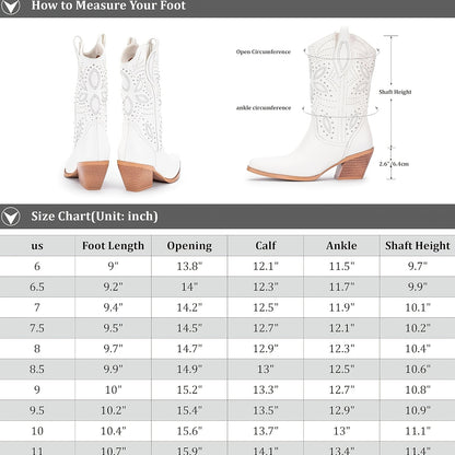 Slip-On Mid-Calf Western Cowgirl Boots with Embroidery & Studded Rivets