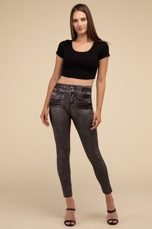 Casual High Rise Waist Denim Fitted Leggings