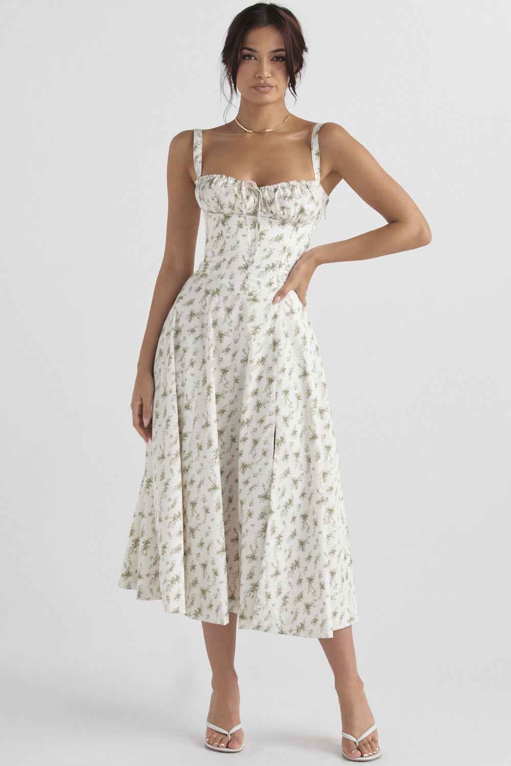 Corset Lace-Up Back Midi Dress - Wide Strap Side Slit