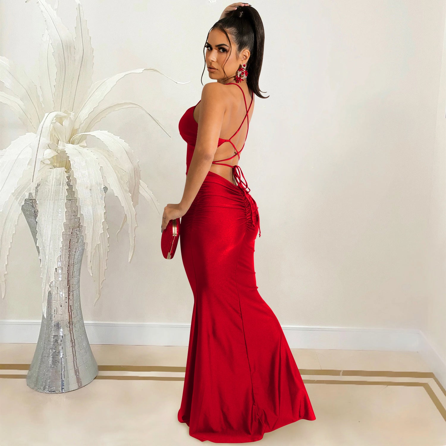 Spaghetti Strap Backless Maxi Dress - Tie Up Bodycon Satin