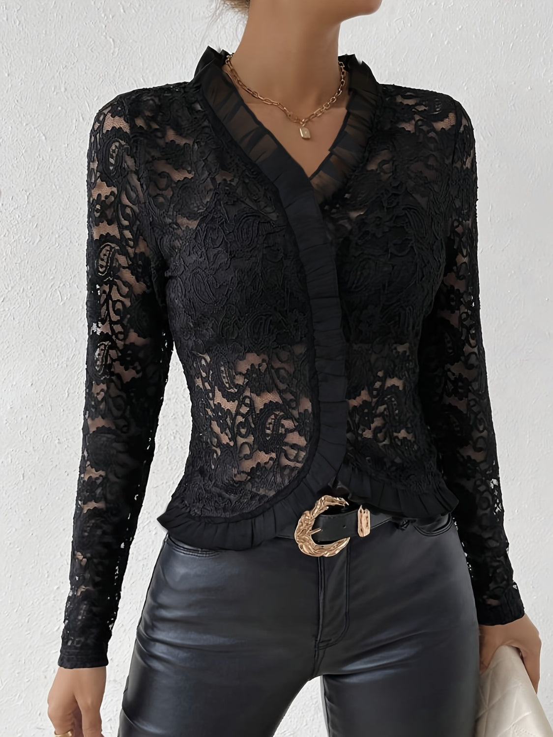 Ruffled V-Neck Long Sleeve Lace Top