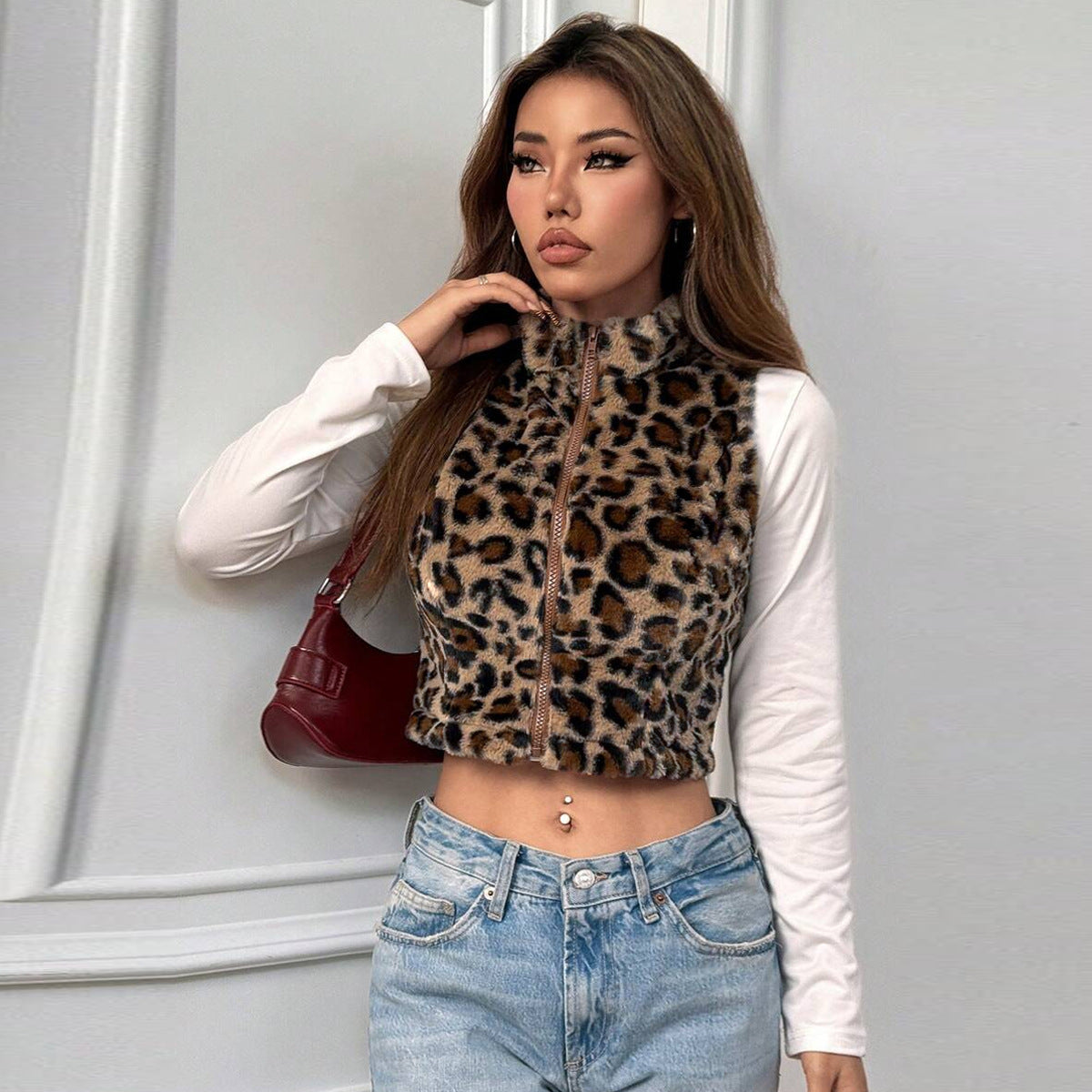 Leopard Print Crop Vest - Zip Front Fleece - Fashions Envy