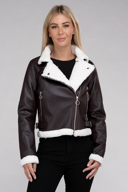 Cropped Plush Teddy Trimmed PU Leather Jacket