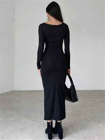 Pleated Maxi Dress - Bodycon Fitted Long Sleeve Elegant