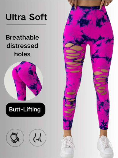 High-Waisted Yoga Leggings - Hollow-Out Tie-Dye Design
