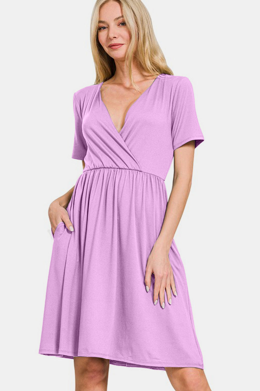 Pink Purple Surplice Short Sleeve Brushed DTY Dress