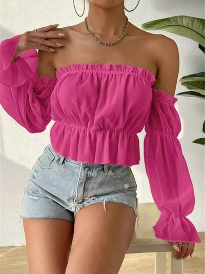 Off-Shoulder Ruffle Trim Sheer Cropped Blouse