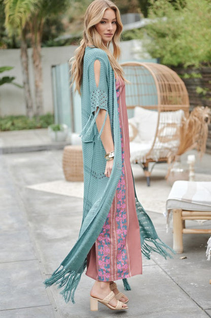 Solid 3/4 Sleeve Long Cardigan With Fringe