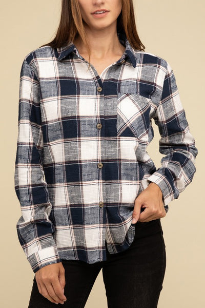 Cotton Plaid Shacket With Front Pocket - Fashions Envy