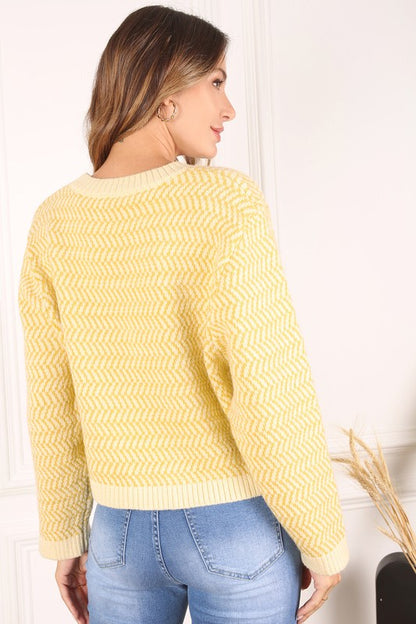 Herringbone Pattern Crew Neck Long Sleeve Sweater