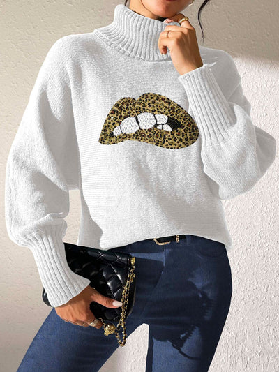 Lip Turtleneck Long Sleeve Sweater - Fashions Envy