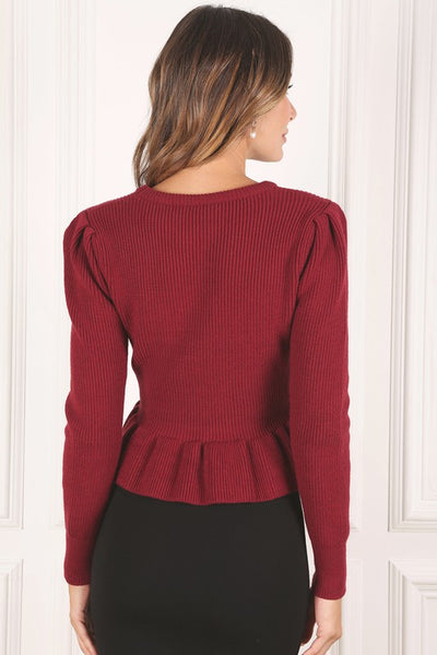 Peplum Round Neck Puff Sleeve Sweater