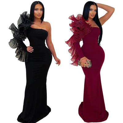 Single Ruffle Sleeve Fitted Dress - Elegant Fashion Gown