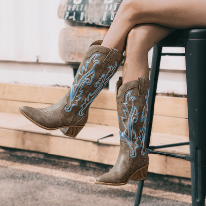 Pointed Toe Chunky 2.5" Heel Mid-Calf Boots with Hand-Stitched Navajo Embroidery