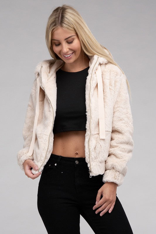 Fluffy Zip-Up Drawstring Teddy Hoodie