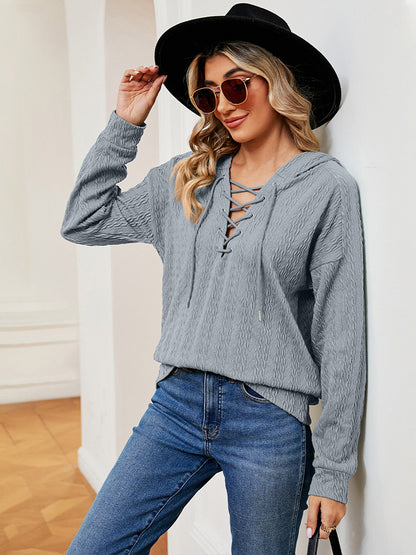 Lace-Up Long Sleeve Hoodie - Fashions Envy