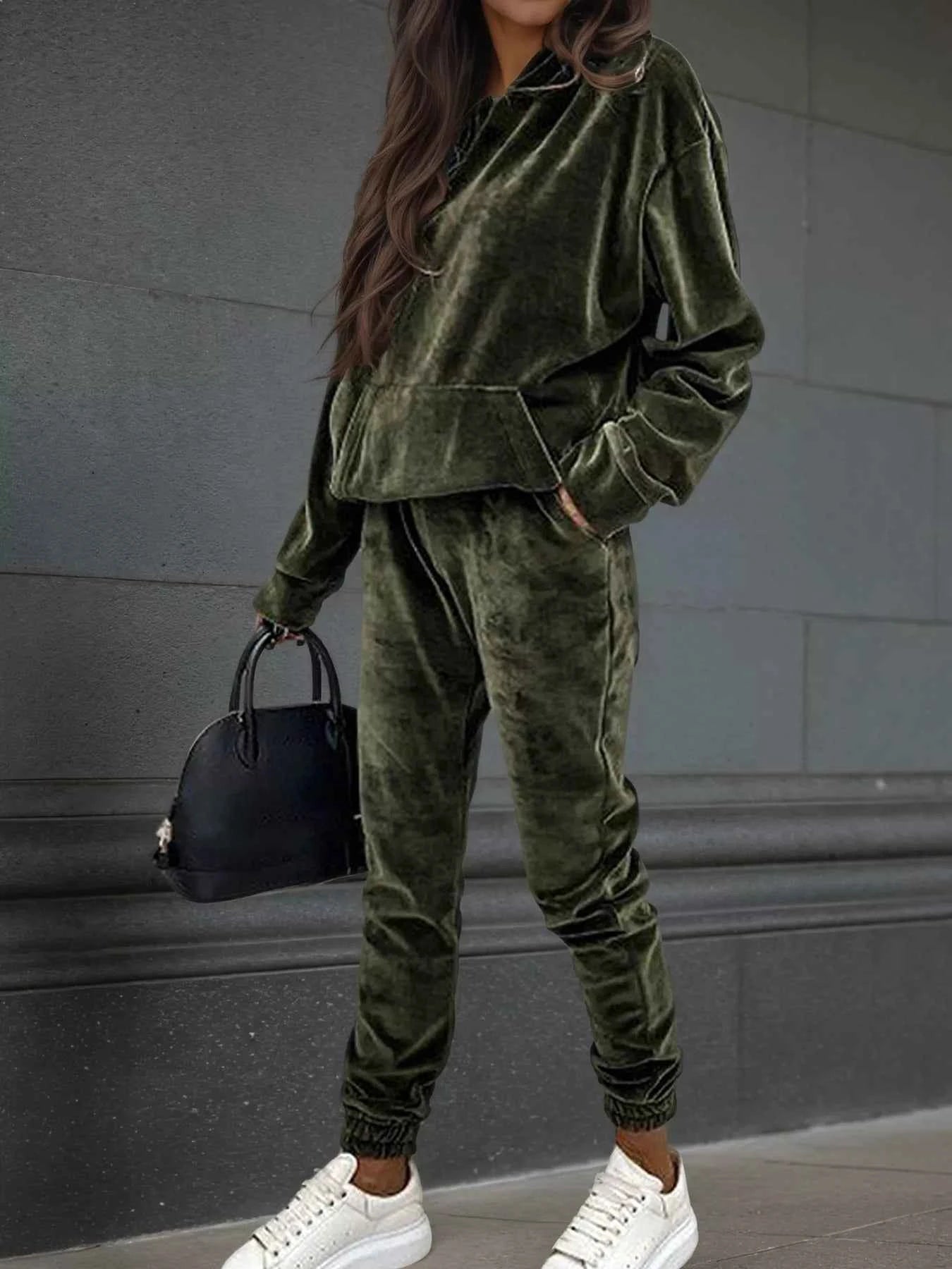 Velvet Long Sleeve Hoodie and Pants Set