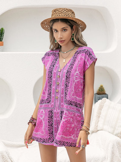 Boho Printed V-Neck Cap Sleeve Romper