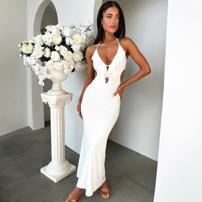 Women's Ruffled V Neck Halter Maxi Dress - Slim Fit Sling - Fashions Envy
