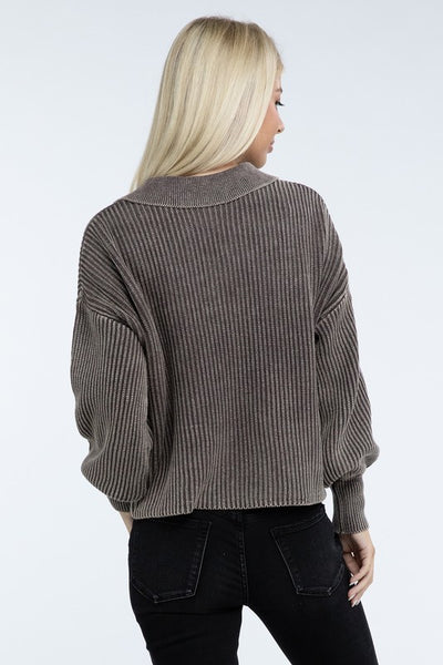 Ribbed Washed Collared Henley Sweater - Fashions Envy